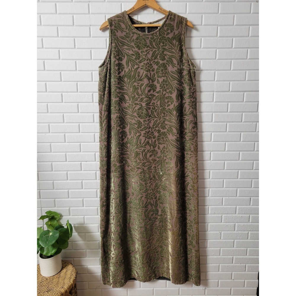 Vintage 1990s Worlds Apart Maxi Dress L Green Burnout Velvet Floral Shift